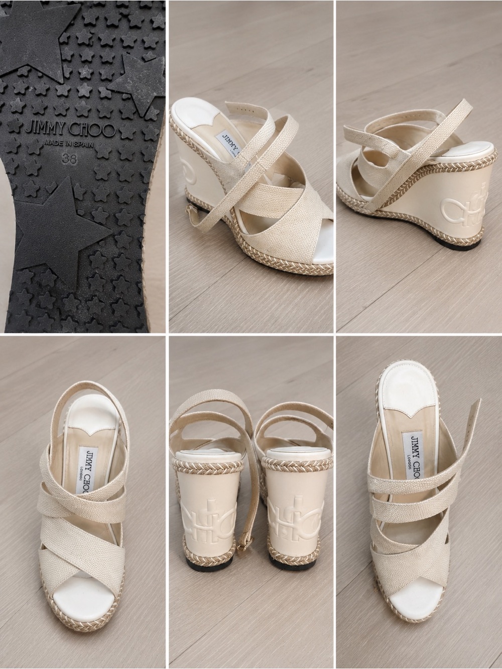 Jimmy Choo Beige Canvas Espadrille Wedge Sandals